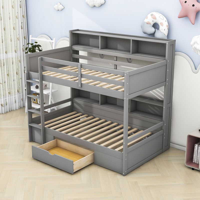 Fiquett Twin Over Twin Bunk Bed with Built-In Ladder, Gray