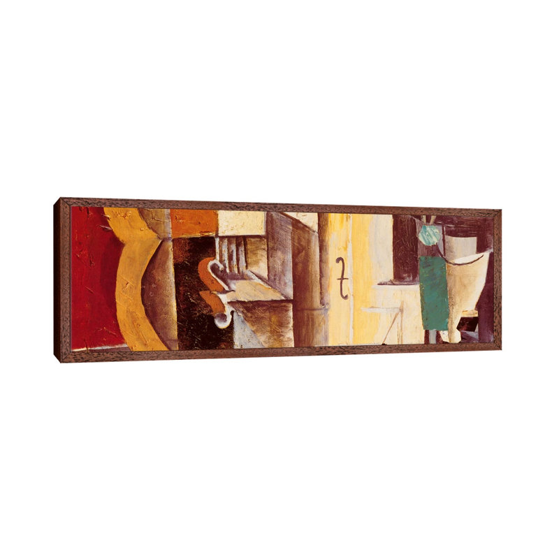 Violin & Guitar by Pablo Picasso - Panoramic Painting on Canvas, 30.48 cm H x 91.44 cm W, Brown Framed