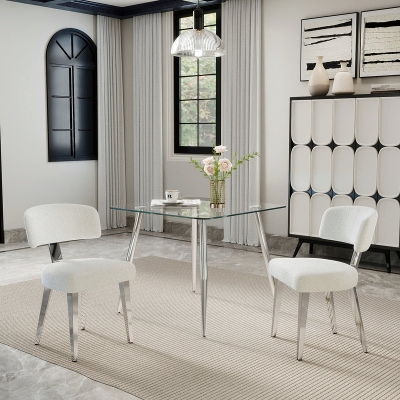 3/5-Piece Dining Set, Glass Table & 2/4 Velvet Chairs, Chrome Table Legs, Modern For Small Space, Kitchen, Dining, 3, White
