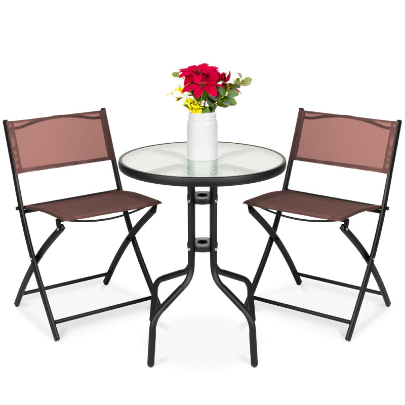 3-Piece Patio Bistro Dining Furniture Set W/ Glass Tabletop, Folding Chairs, Brown