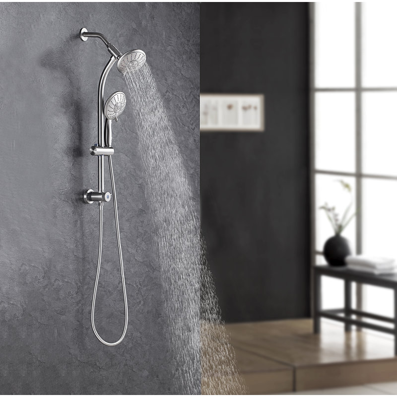 Système de pomme de douche double réglable multifonction avec barre coulissante, Nickel brossé