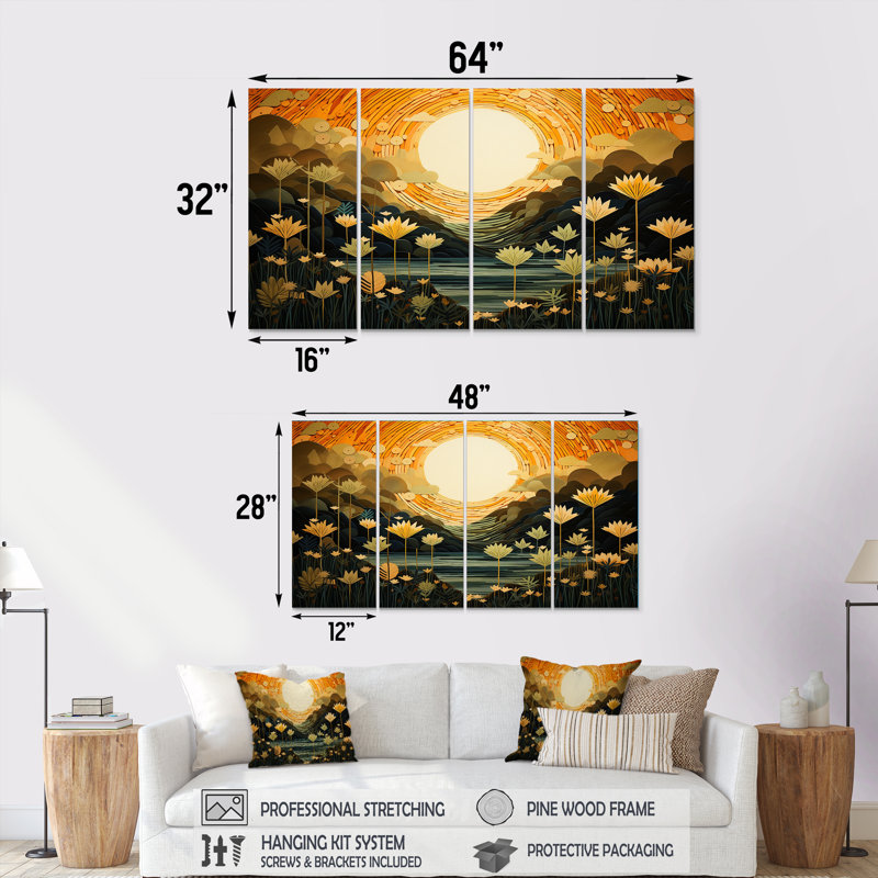 «Spring Flowers Full Moon Lake - Wildflowers», art mural sur toile 4 pièces, H 28 po x l 48 po