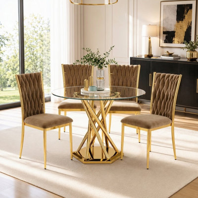 38.9" Round Glass Dining Table set for 4, 5-Pieces Round Dining Table Set, Clear Glass Dining Table set with 4 Velvet Upholstered Chairs, for Kitchen, Dining Room, Apartment