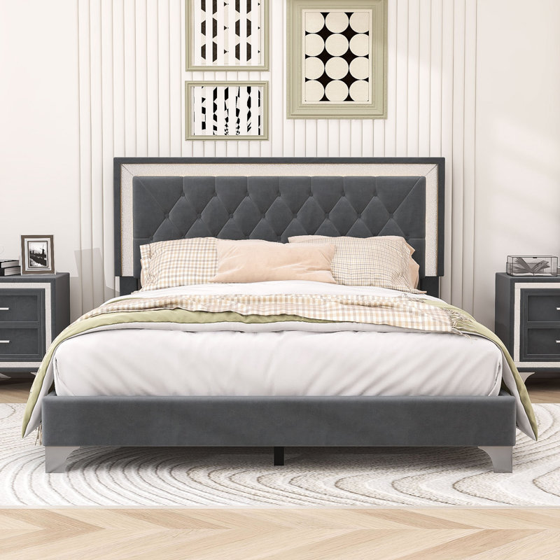 Grand lit tapissier avec lumières DEL Harsukh, gris