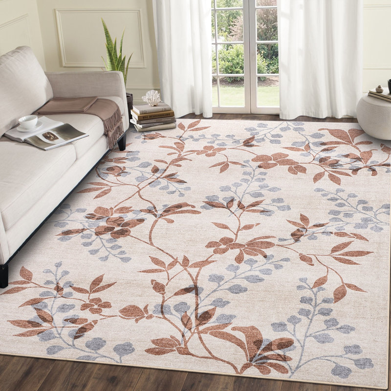 Floral Machine Washable Rug with Non-Slip Backing, Stain-Resistant Soft Low Pile Floor Mats, Foldable Farmhouse Indoor Carpet for Bedroom, Nursery