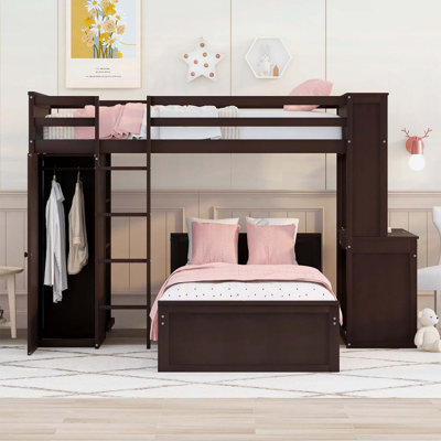 Twin Size Loft Bed with Stand-alone Bed, Shelves, Desk, and Wardrobe - Maximize Space and Functionality