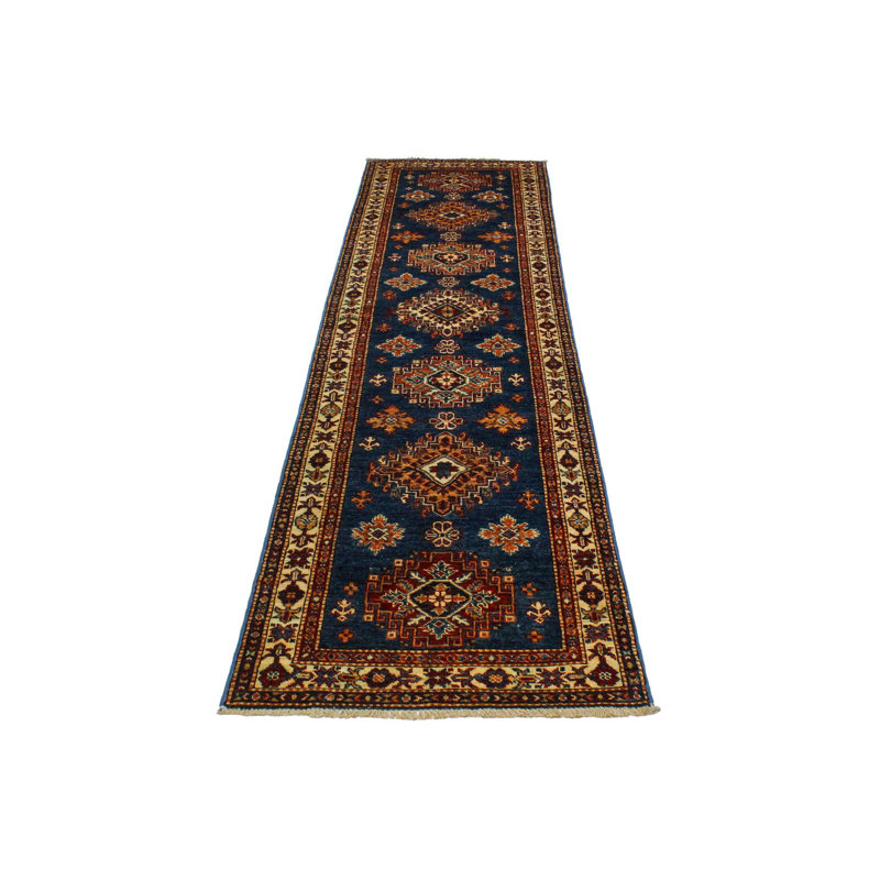 Chemin de table tribal Kazak 3 x 3 bleu clair et ivoire