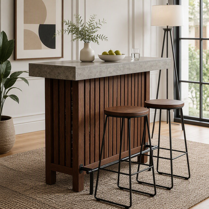 Table de bar à 2 niveaux avec rangement et design moderne, Brun