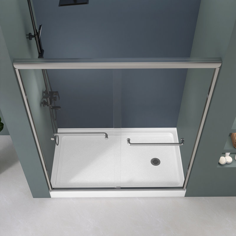 60" Single Threshold Shower Pan Base In White With Drain Assembly, Right