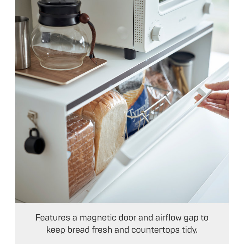 Wide White Steel Bread Box with Magnetic Door