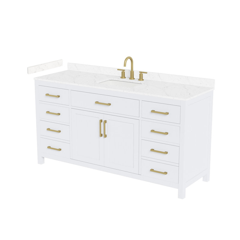 Meuble-lavabo simple Beckett, blanc, Blanc avec garniture or brossé, Carrara Cultured Marble Counter