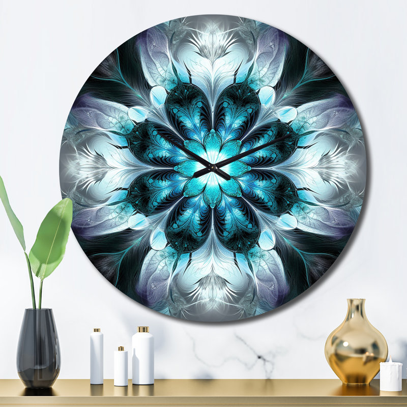Horloge murale turquoise et blanche Fractal Flowers II, Grand