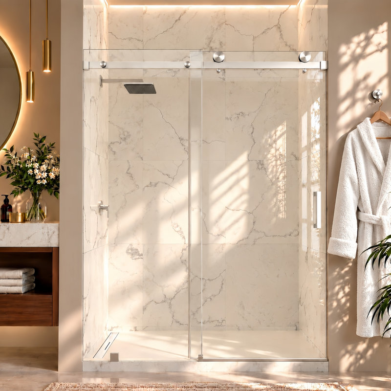 Porte de douche coulissante sans cadre Serenity 62"-66" L x 76" H avec verre clair de 3/8" (10 mm) en nickel brossé