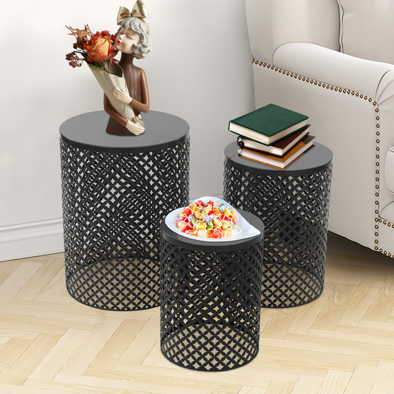 3PCS Metal Hollow-out End Table Set, Black