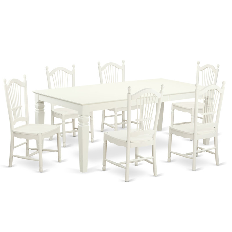 ensemble de salle à manger extensible en bois massif Beesley, Blanc lin, 7 pièces (1 table + 6 chaises) 