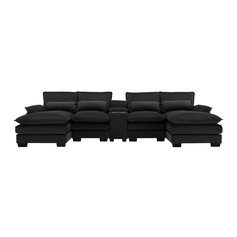 Canapé modulaire rembourré en U avec méridienne Clidie, Velours noir