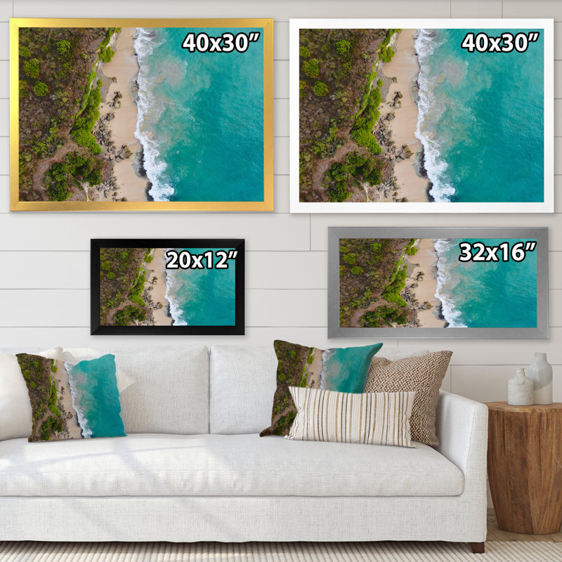 Vue aérienne de la plage de l'île tropicale turquoise - reproduction sur toile, H 12 po x l 20 po