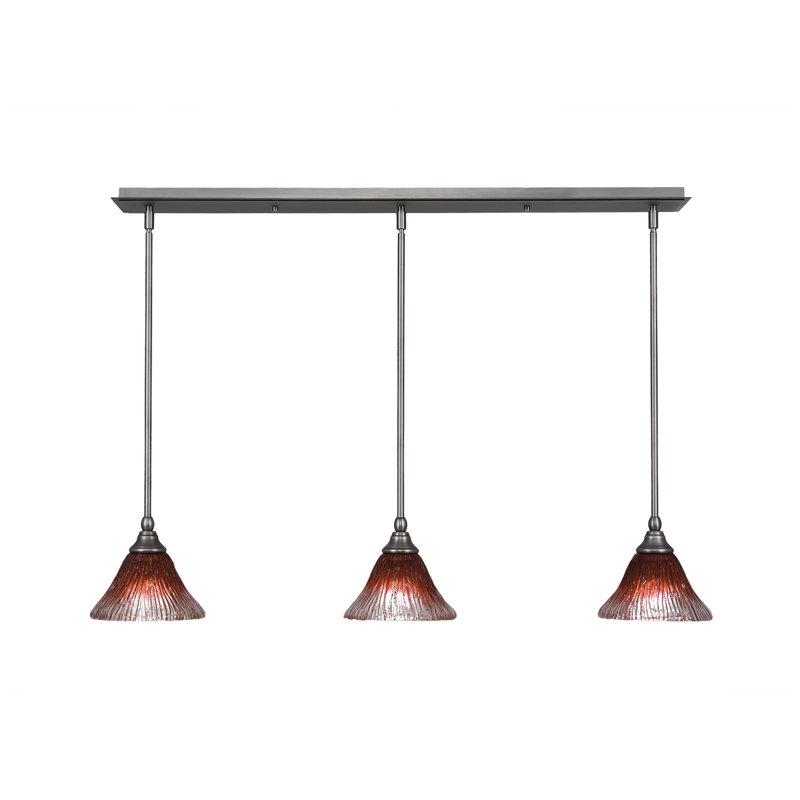 Luminaire suspendu linéaire sur pied 3 lumières avec verre Firré Saturn de 7 po, Framboise, Nickel brossé