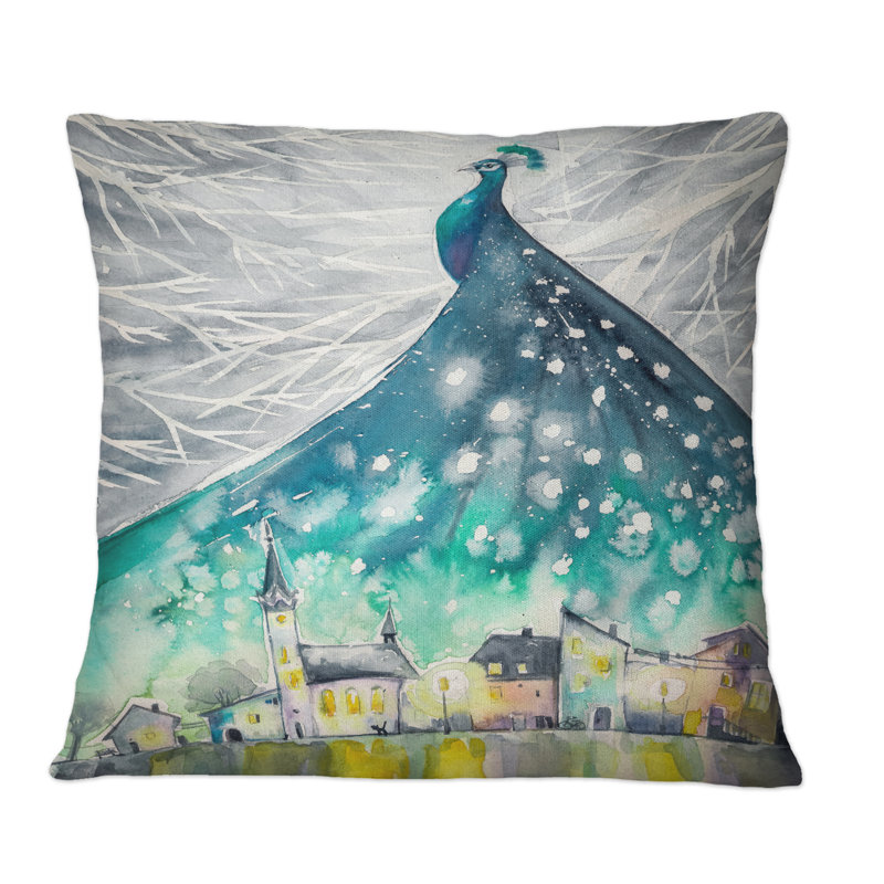 Coussin Turquoise Peacock Over City - Imprimé scandinave, 16 po x 16 po