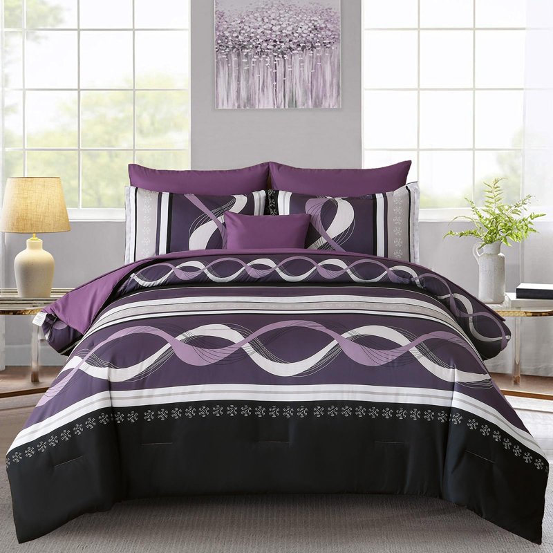 Ensemble d'édredon à rayures 8 pièces Boho, Rayé / mauve, Édredon grand + 7 articles supplémentaires