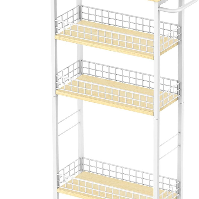 Laundry Storage Cart On Wheels And Wood Table Top Mobile Shelving Unit