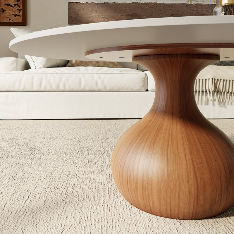Gorman Mid-Century Modern Round Coffee Table For Living Room & Home Decor, Snowy White Top/Brown Base