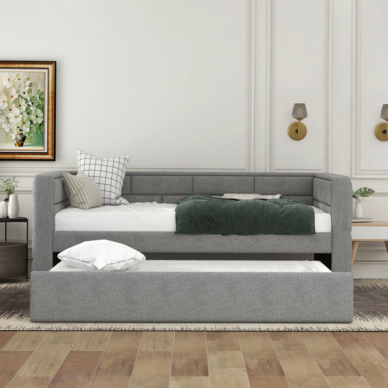 Twin Size Daybed With Trundle, Upholstered Daybed With Padded Back, Gray