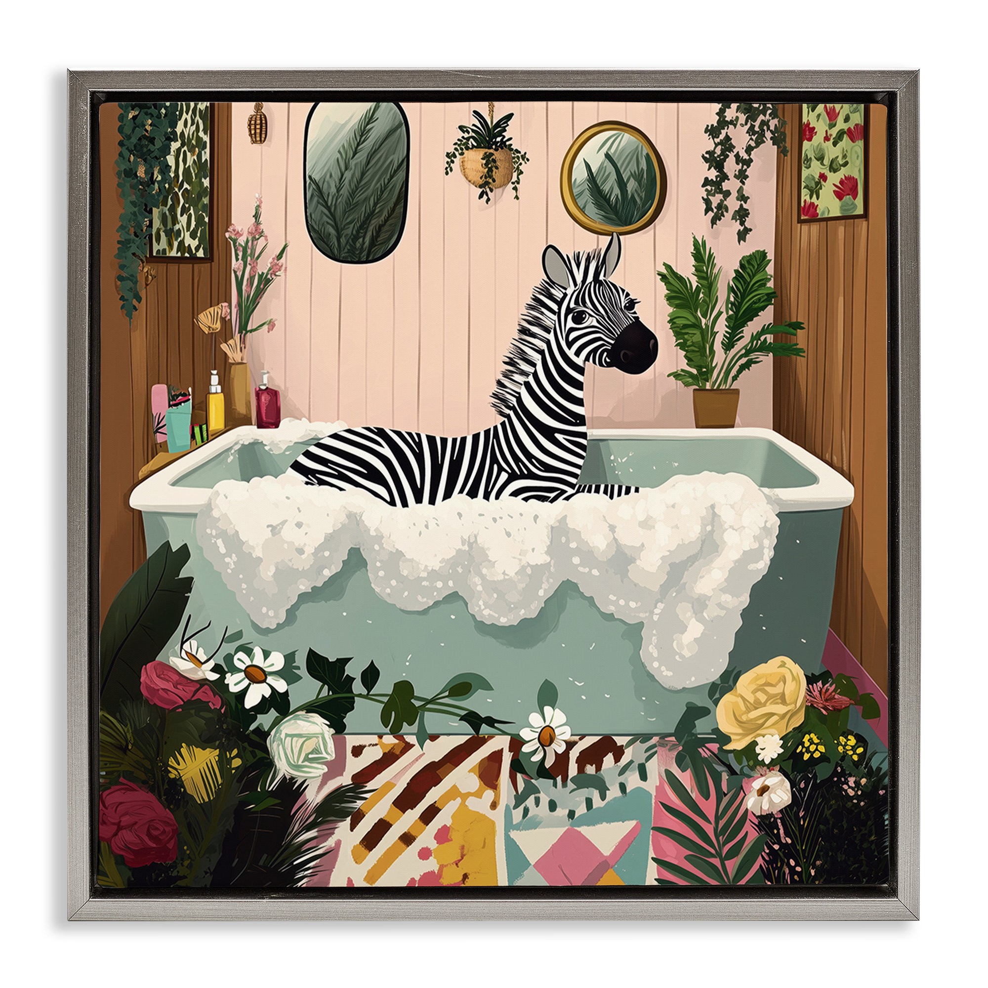 Trinx Clean Bubble Bath Zebra Grey Framed Floater Canvas Wall Art ...