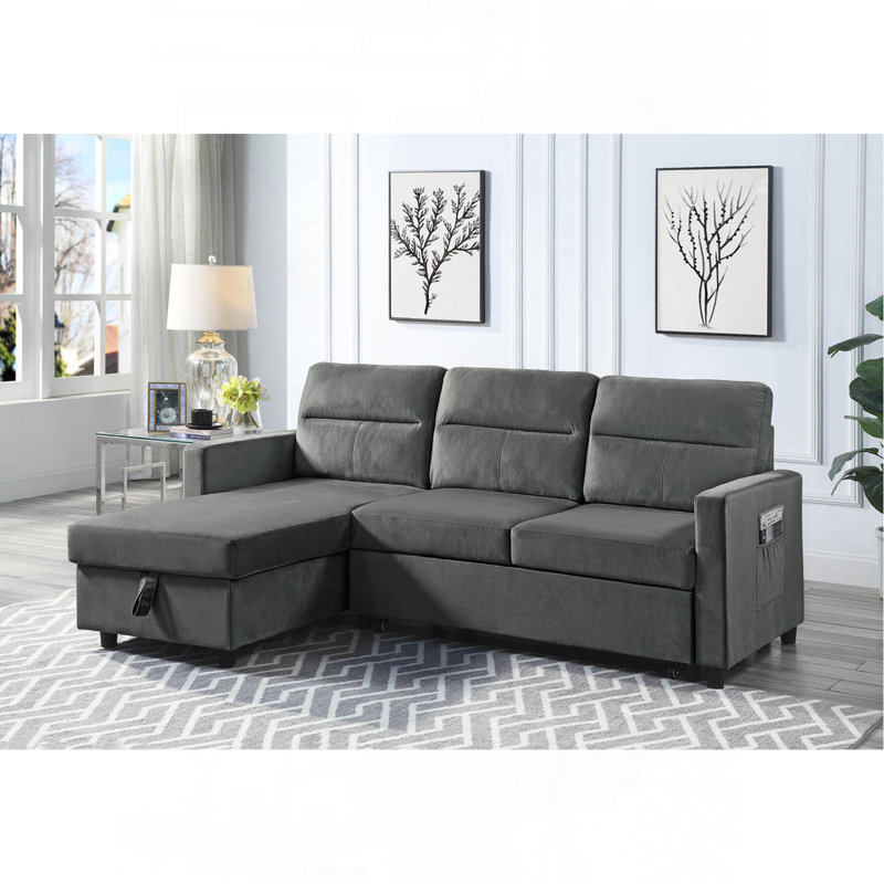 Canapé-lit modulaire réversible en velours gris foncé 81,5 po avec méridienne de rangement et poche latérale
