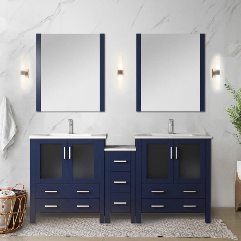 72 po De meuble-lavabo double l 18 po x P 18,25 po avec armoire latérale, surface en céramique blanche, structure en bois massif, fermeture en douceur, deux armoires intérieures et sept tiroirs pour un rangement abondant,