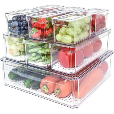 Ensemble de 10 boîtes de rangement pour réfrigérateur, bacs de réfrigérateur empilables avec couvercles, contenants de rangement pour fruits et légumes sans BPA pour réfrigérateur, transparent pour aliments, boissons, légumes