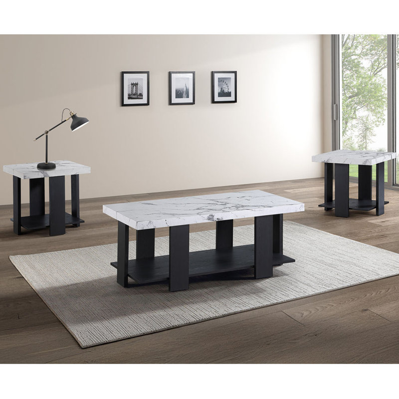 Ensemble de cocktail gris 3 pièces Table basse en faux marbre blanc et deux tables de bout assorties Mobilier de salon en bois blanc noir