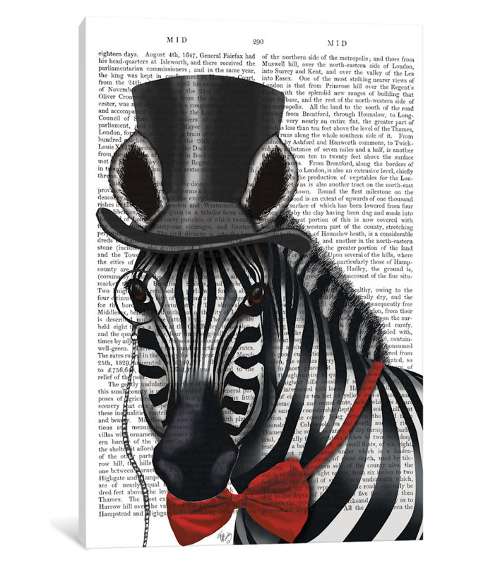 «Sideway Zebra with Top Hat and Bow Tie I», impression sur toile, H 18 po x l 12 po x P 1,5 po, Toile tendue, Pas de tapis