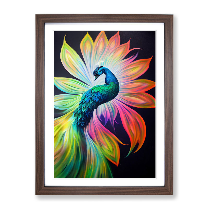 Bold Peacock Art No.1 - Print, 66cm H x 48cm W x 2cm D, Walnut Framed, White