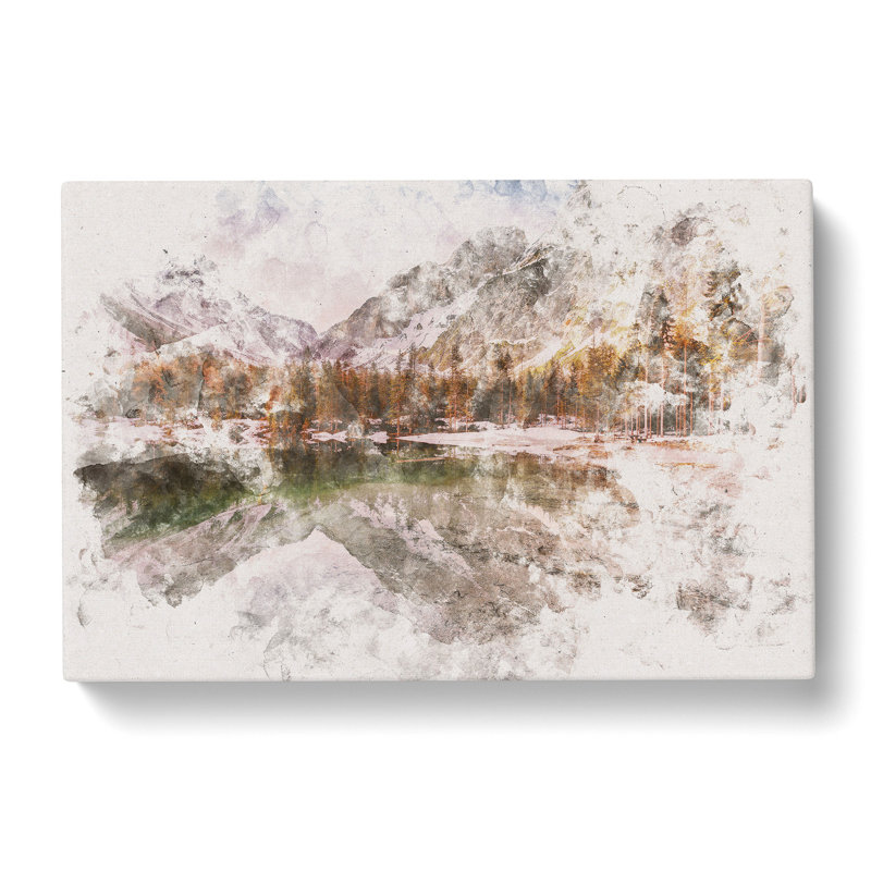 Pragser Wildsee Lake in Italy Watercolour - Wrapped Canvas, 40cm H x 60cm W x 3cm D
