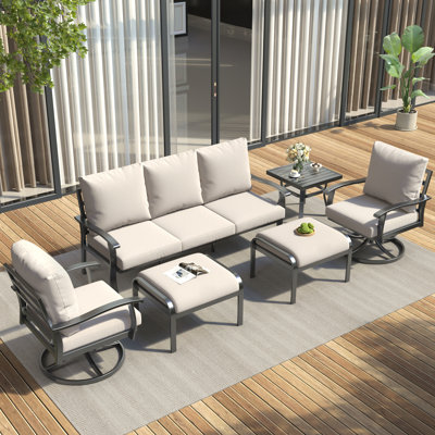 6 PCS Outdoor Metal Conversation Set With 360° Swivel Rocking Chairs, Sofa, &Ottoman For Patio, Garden, Deck Or Poolside