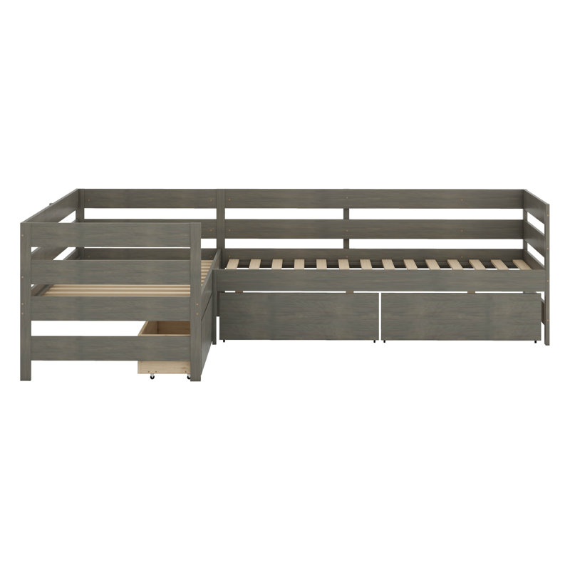 Lit plateforme simple en forme de L avec 3 tiroirs de rangement en pin massif et panneau de fibres à densité moyenne, Gris
