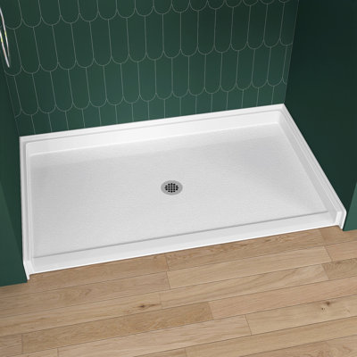 60 In L X 36 In W ADA Low Threshold Center Drain Shower Base With Slope Type Threshold, Matching Glossy Surface Open Design, Wheel Chair Access, Low Profile, White