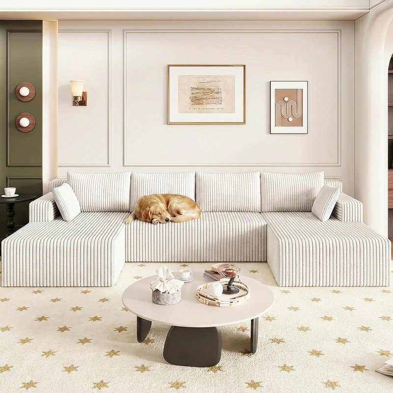 Boneless 124" U-Shape Cloud Couch, Modern Modular Sectional U-Shape Sofa, Corduroy Upholstered Couches Deep Seat Sleeper Chaise Longue for Living Room, No Assembly Required