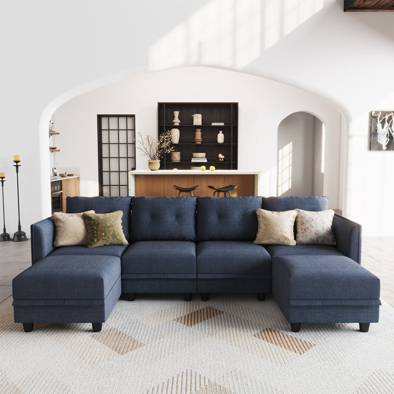 Canapé modulaire en U rembourré 6 pièces avec rangement Tomario, Polyester bleu