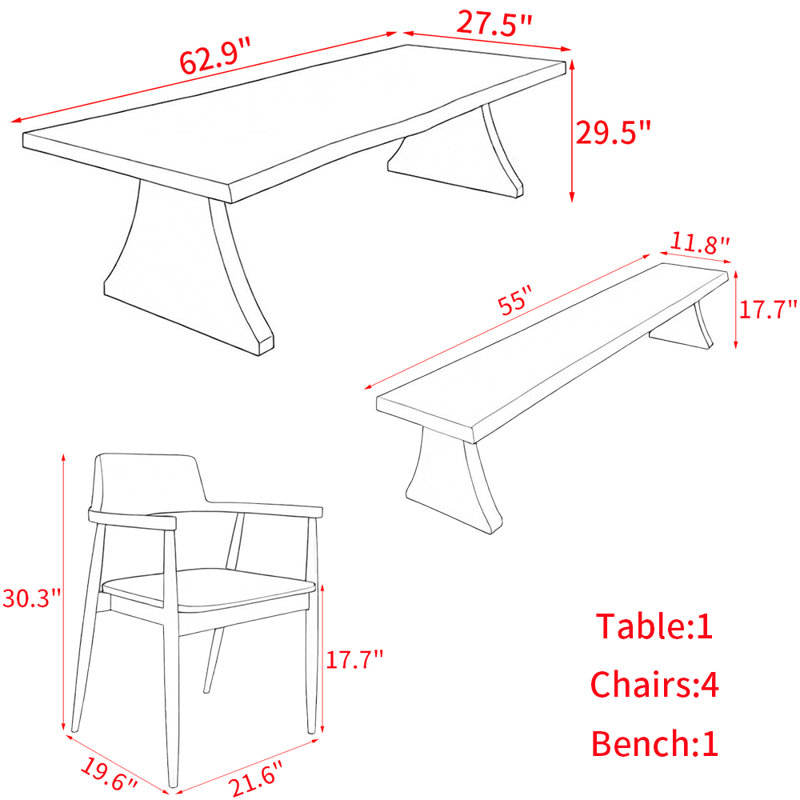 Ensemble de table de salle à manger en bois massif de style américain., H 29,5 po x L 62,9 po x l 27,5 po