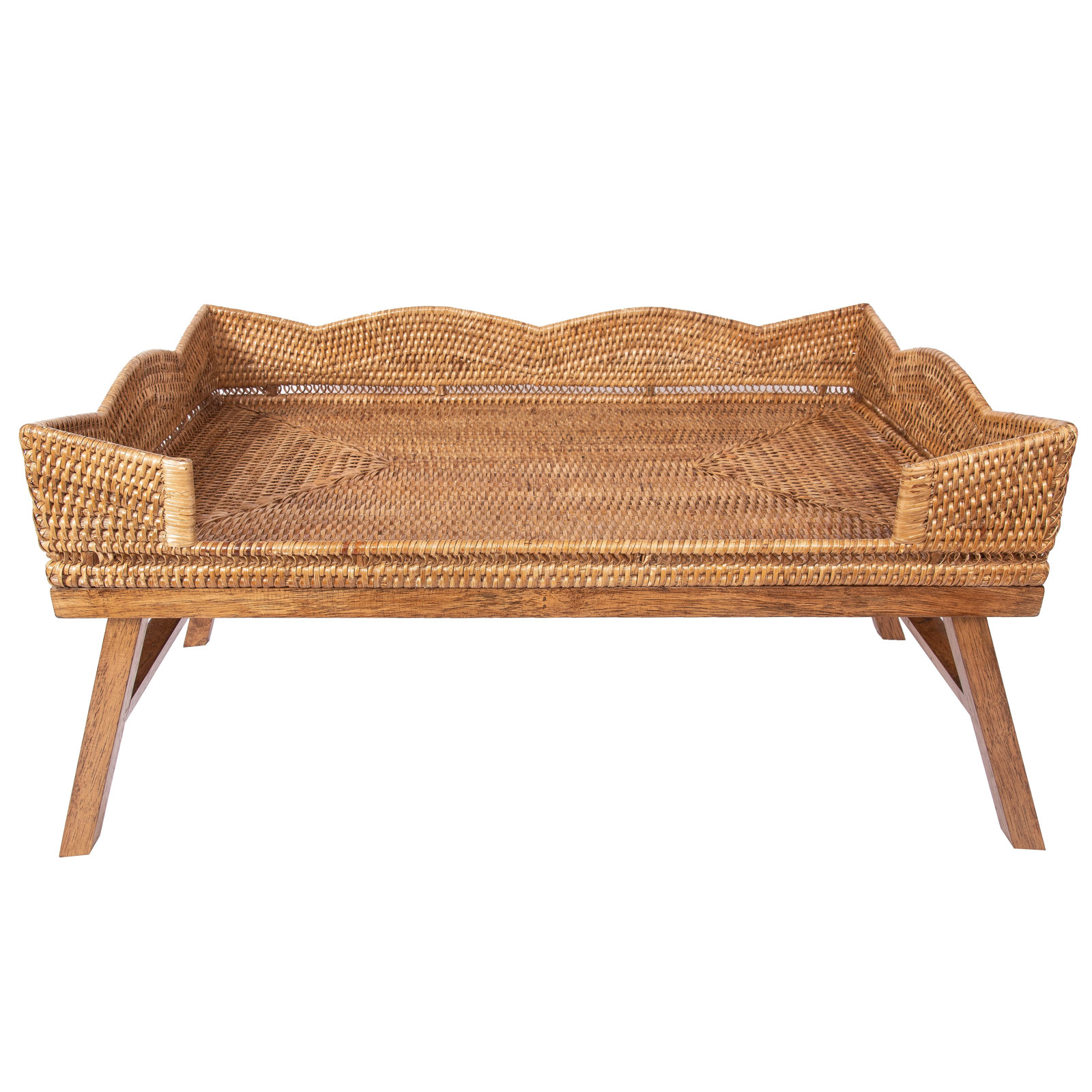 Scallop Design Breakfast Tray With Wooden Legs, Honey Brown