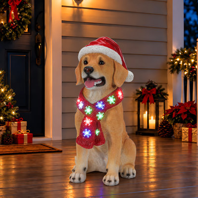 Beige Golden Retriever Christmas Statue with LED Snowflake Scarf