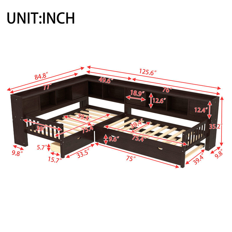 Lit plateforme simple en L avec lit gigogne, tiroirs et tablettes, structure de lit d'angle en bois massif, Espresso