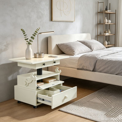 High-Gloss Lacquered Adjustable Height Rolling End Table with Charging Station&Universal Wheels with Brakes, Multi-functional Lift Top Table with Storage Drawers