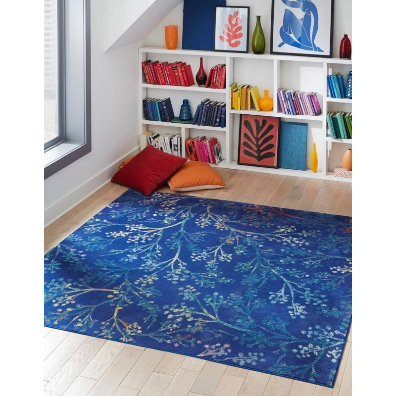 Tapis champêtre et floral de couleur bleu nuit, Carré 10 pi