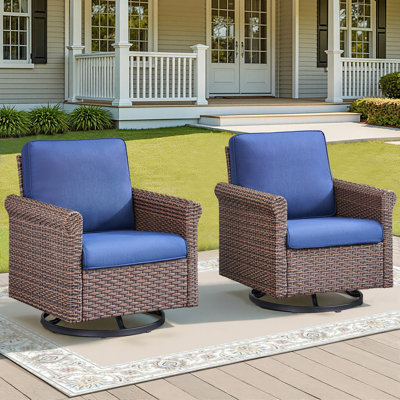 Patio Wicker Rocking Swivel Glider Rocker Cushioned Chairs Set of 2 for Porch Balcony Backyard, Navy Blue