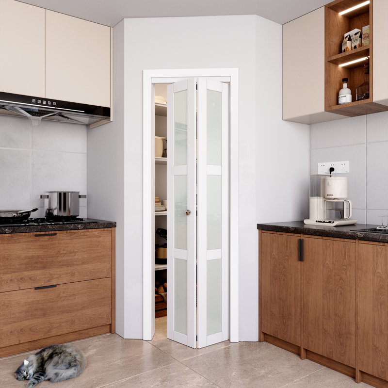 24" × 80" 3-Lite Frosted Glass White Primer Bi-Fold Door with Installation Hardware Kit, 24" x 80"