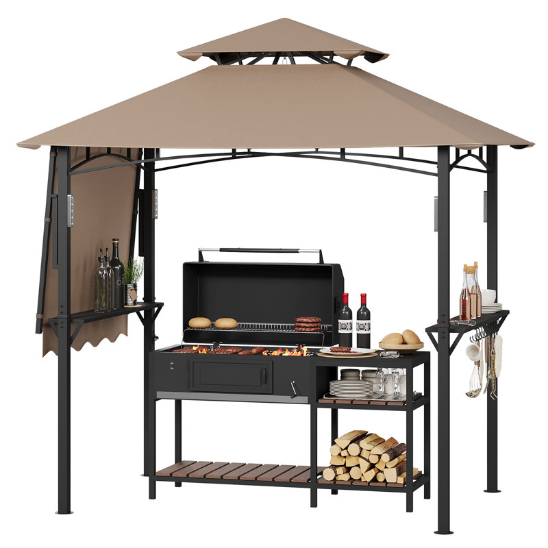 8x5 Grill Gazebo with Adjustable Dual Side Awnings, 2-Tier BBQ Shelter with Shelves Hooks LED Lights Ceiling Hook, Steel Frame BBQ Canopy, Khaki