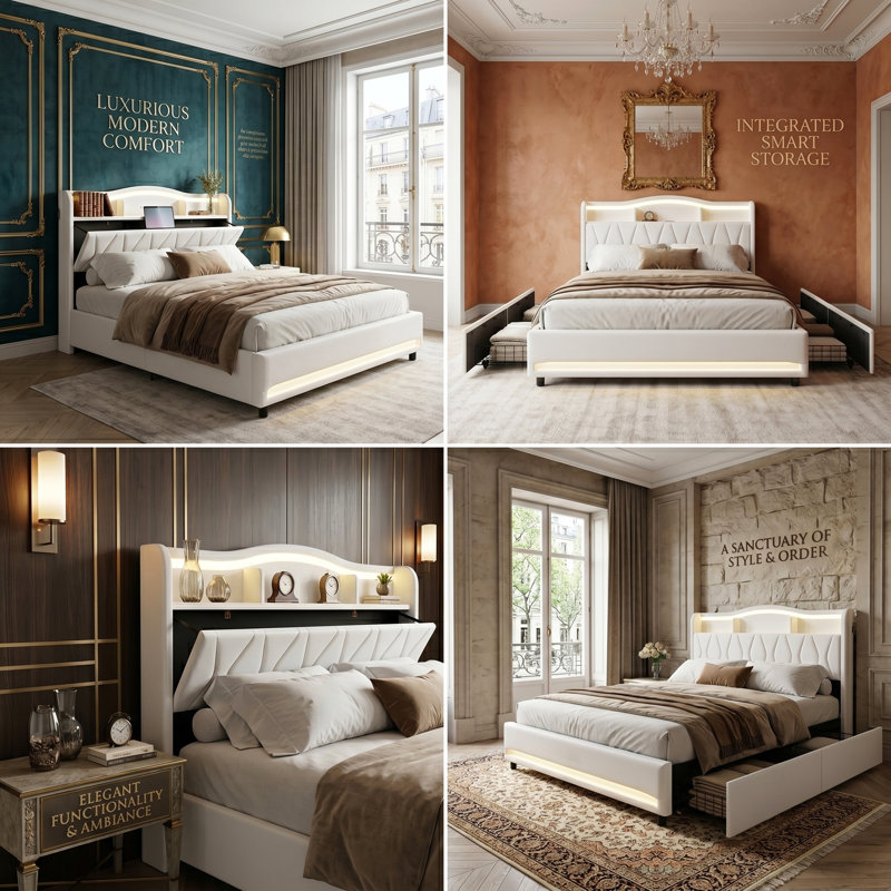 EU Double & Kingsize Velvet Storage Bed with App-Controlled RGB LED & USB C Charging, 4-Drawer Upholstered Platform Bed Frame with Storage Headboard, Beige/Grey, 140/160x200cm